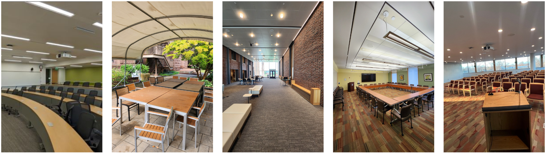 photo collage of various classrooms and event spaces