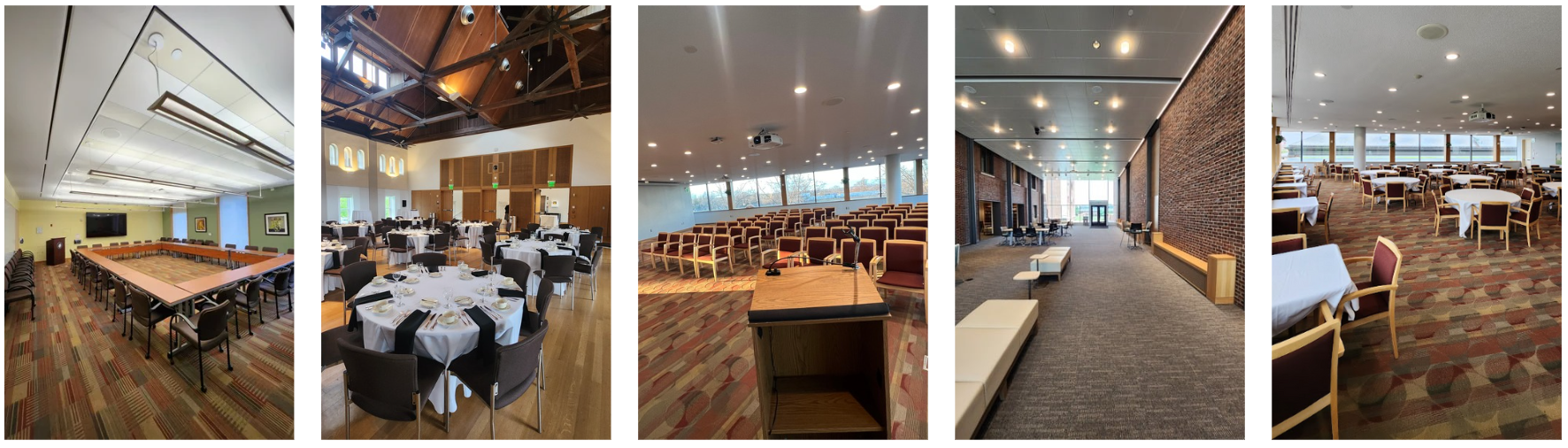 Photo collage of various event spaces on campus