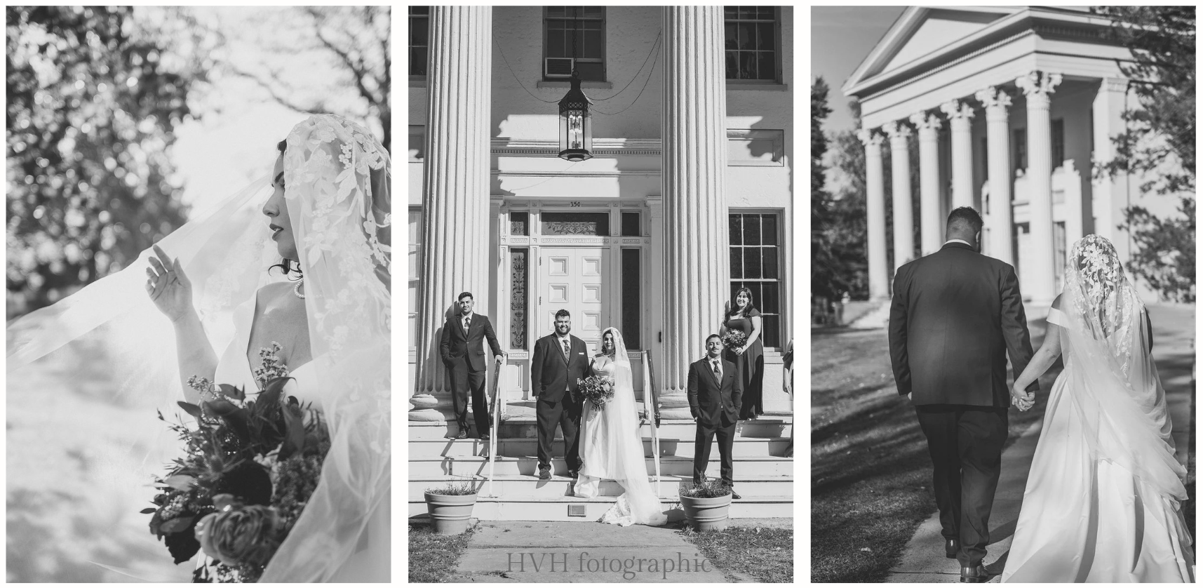 Collage of wedding photos outside of the Russell House