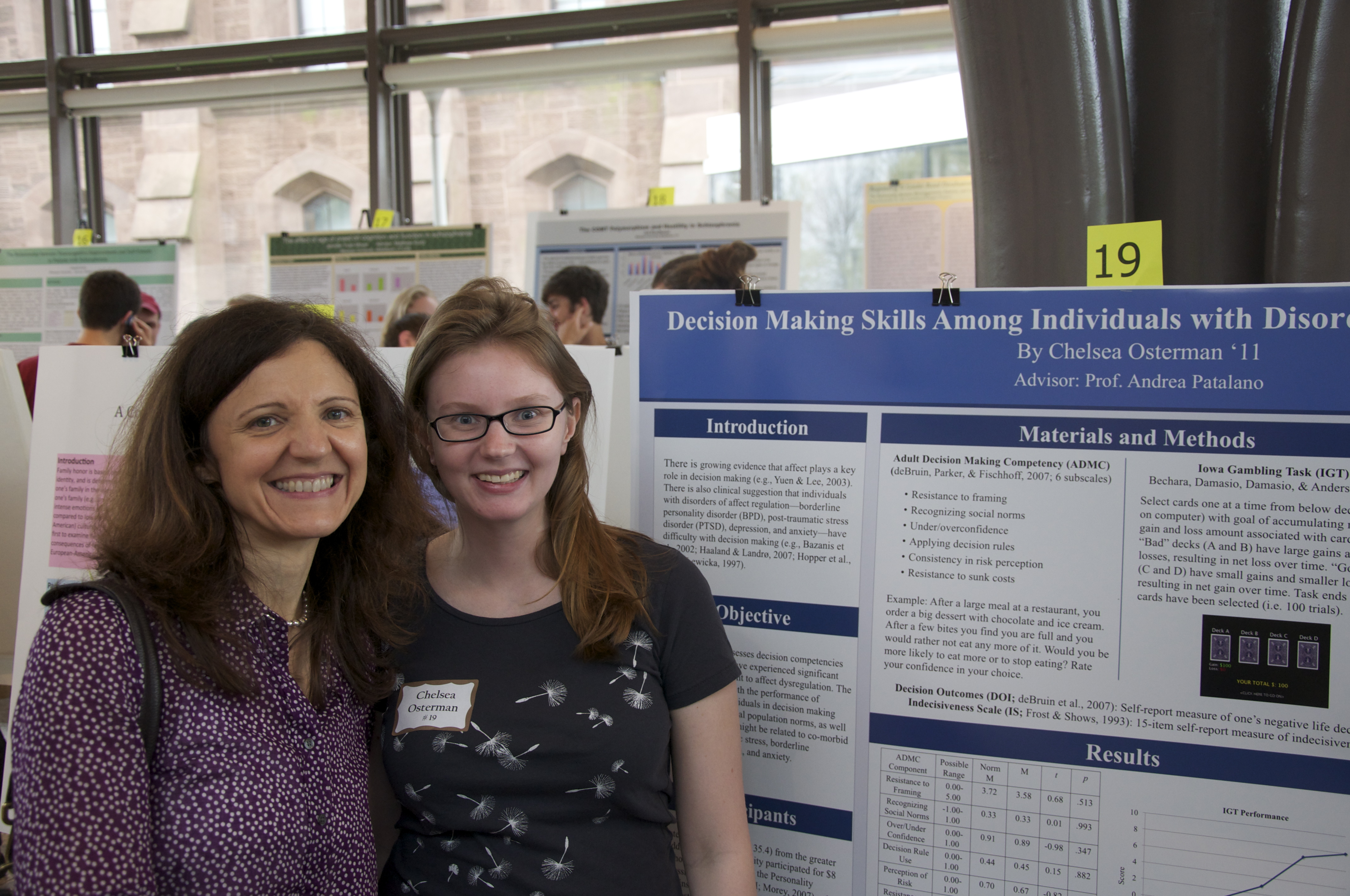 Chelsea Osterman, posing with her adviser Prof. Andrea Patalano. "Decision Making Skills among Individuals with Disorders of Affect Regulation"