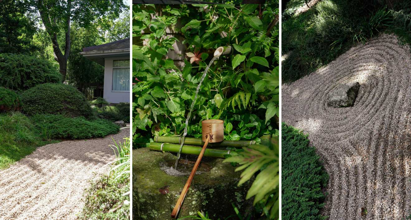 The garden is host to several plants and trees including Japanese box leaf holly, crimson pygmy barberry, Korean and Japanese boxwood, iris, Yakushima rhododendron, lilyturf, Japanese garden juniper, sedum, Japanese shield fern, and weeping hemlock.