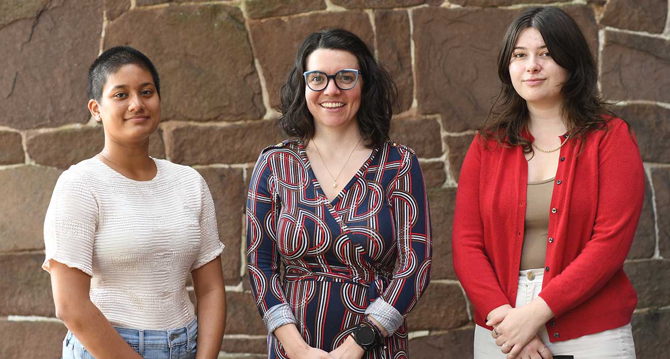 At left, Charissa Lee ’23, Johanna DeBari, and Asiyah Herrero ’22 are from Wesleyan’s SHAPE office.