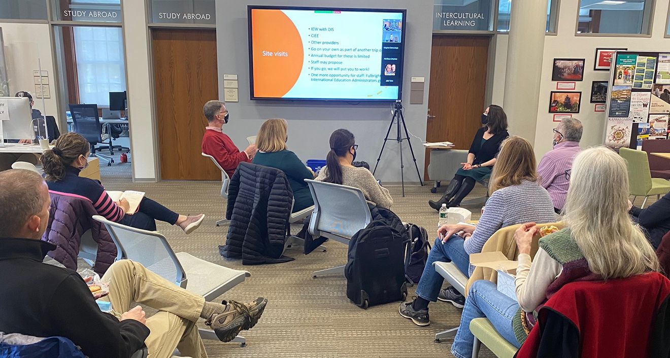 During an “Opportunities Abroad” discussion, Wesleyan faculty learned about opportunities for travel and work in countries around the world. The session, which included information on faculty exchanges and Fulbrights, was hosted by the Fries Center for Global Studies, Office of Career and Faculty Development, and Office of Corporate, Foundation, and Government Grants.