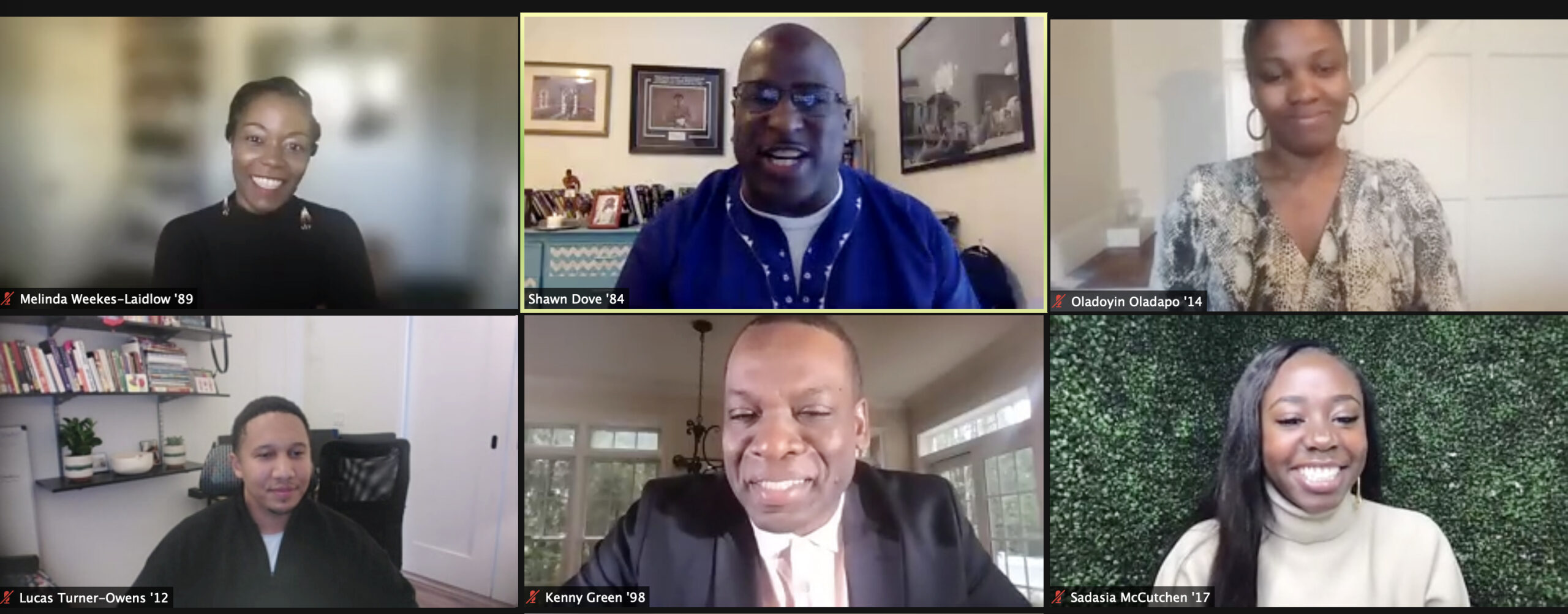 Melinda Weekes-Laidlow ’89, Shawn Dove ’84, Oladoyin Oladapo ’14, Lucas Turner-Owens ’12, Kenny Green ’98, and Sadasia McCutchen ’17 were the panelists for the virtual 29th Annual Dwight L. Greene Symposium.