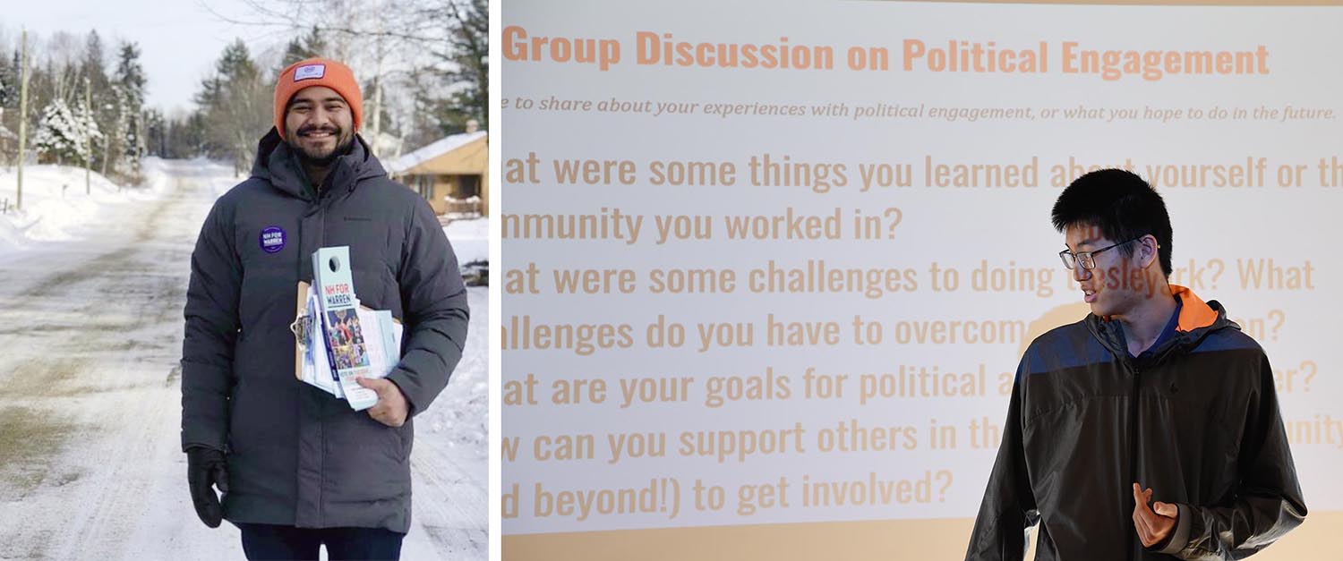 As part of the E2020 initiative, Mitchell Motlagh ’20 of Keller, Texas, spent his winter break in Berlin, N.H., where he helped raise awareness of the upcoming presidential campaign. “Some days it was -2 outside,” he said.At right, Derek Chen ’23 worked with Turnout Nation, employing relational organizing to increase voter turnout. For Chen, the biggest challenge was convincing student populations who aren’t as civically engaged to become more so, particularly in North Carolina, which is a swing state. “My goal is to make voting a ‘regular thing’ that everyone does, talking to friends and family, convincing them to vote,” he said. Wesleyan is now taking applications for the Political Engagement Fund.