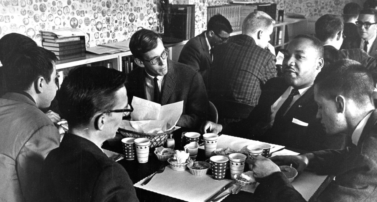 “In 1963, Dr. Martin Luther King Jr. gave a talk that autumn to CSS (the College of Social Sciences), where I was enrolled as a sophomore. He and I were both a half hour early, and he and I talked for a while before the powers that be in CSS moved him to the head table. However, we did manage to talk about family and background, like any other two guys at a lunch table, meeting each other for the first time, and my impression was and is: He was a very nice guy … just that, a nice guy. He looked into my eyes and reached my soul, but still, he was a nice guy,” said David Griffith ’66.