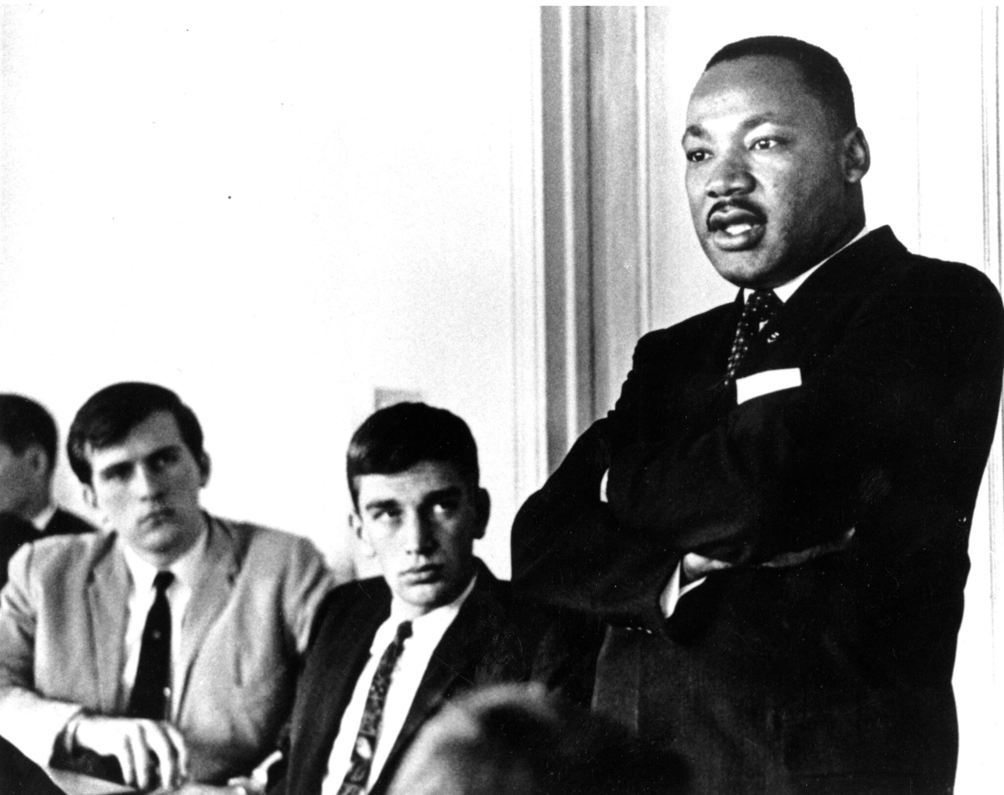 In addition to King’s public lectures and sermons, the civil rights leader would also speak with smaller groups of students in more personal settings. Here he is seen speaking at a College of Social Sciences talk.