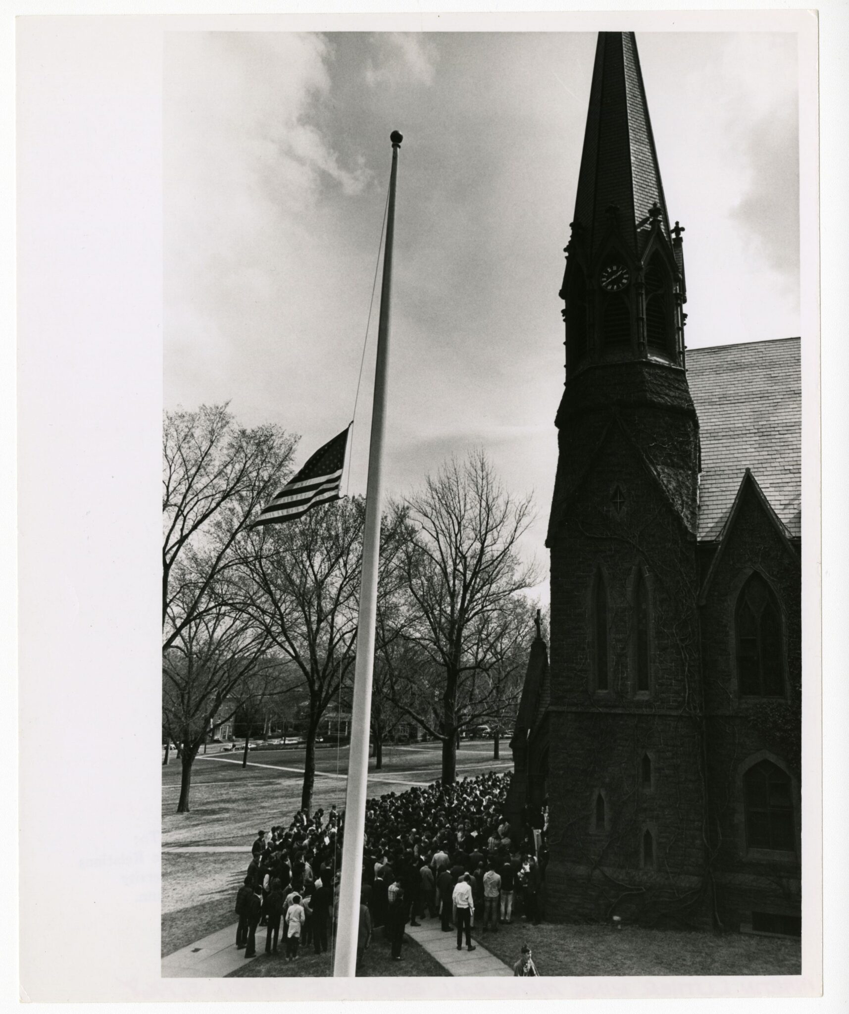 An overflow crowd of over 1,000 students and city residents attended a service in King’s memory at Memorial Chapel on April 5, 1968. “Martin’s murder poses the question of life or death (for the nation) with awful urgency,” said John Maguire in his eulogy.