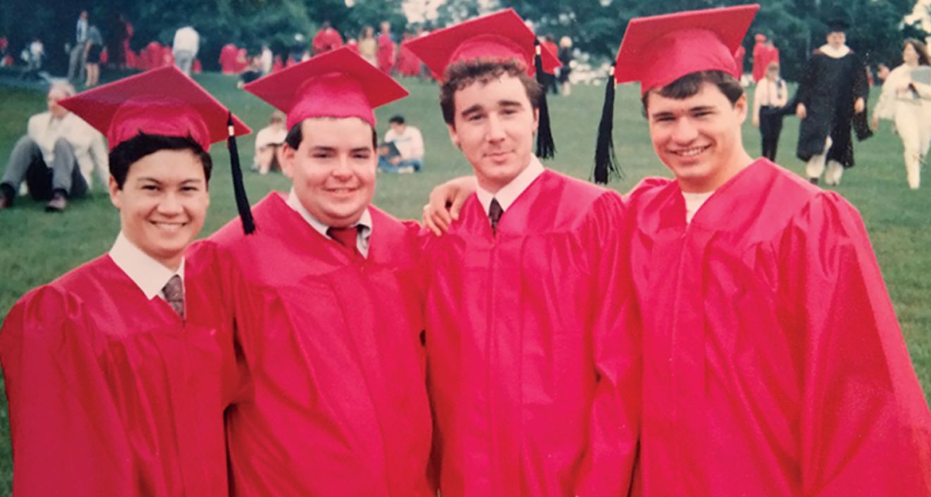 Casper’s deep ties with Wesleyan began with the lifelong friendships he made as an undergraduate. Pictured left to right: Tas Pinther; Casper; Paul Nikitopoulos; and Chris Galizio during their 1990 Commencement.