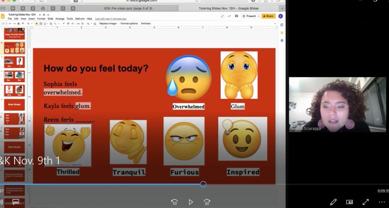 Sophia Sciarappa ’23, a member of Elizabeth Ann Hepford’s TESOL class, shows some of her strategies for helping English language learners learn the words for how they are feeling.