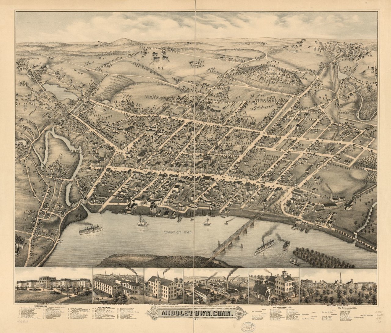 This 1877 aerial map of Middletown, Conn. shows how the city was once a bustling port and illustrates its trade and industrial history.