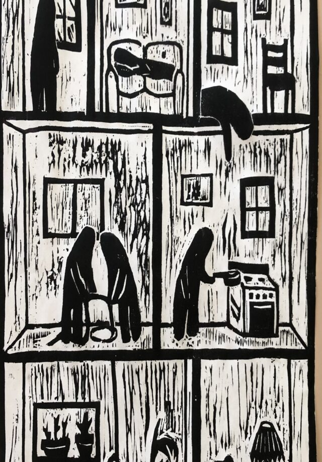 Liza Eaton ’22 created this woodcut during the COVID-19 pandemic from a discarded cutting board in her Printmaking II class. The JCPP is currently collecting writing, artwork, and other submissions for its “We Make History” project.