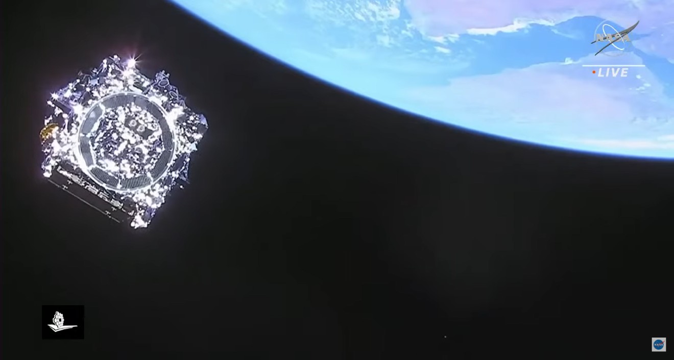 The James Webb Space Telescope, pictured here high above the Earth, launched on Dec. 25, 2021 from South America. Once the telescope co-orbits the Sun with the Earth, it will begin examining galaxies across the universe. (Image courtesy of NASA and the Space Telescope Science Institute.)
