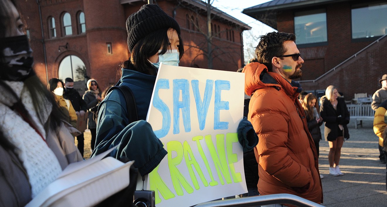More than 100 students, faculty, staff, and community members participated in the Wesleyan Stands with Ukraine Rally for Solidarity March 4.