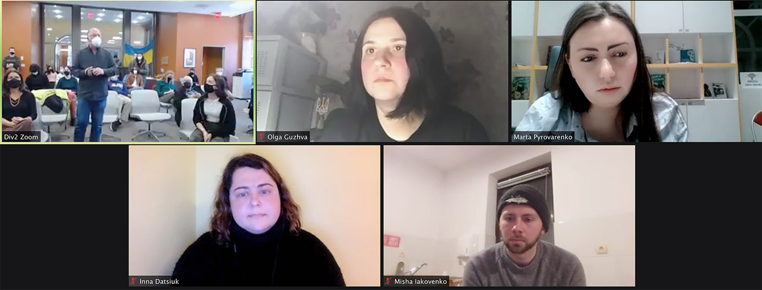 During the Fries Center’s second “Ukraine-Russia Crisis” conversation, the Wesleyan community spoke with Olga Guzhva, independent journalist in Kharkiv, Ukraine; Marta Pyvovarenko, founder of the Development Foundation in Ukraine, who’s currently coordinating medical supply transports in Lviv; Inna Datsiuk, former director of 360.org, civic environmental advocate and activist; and Ukraine native Misha Iakovenko ’18, who majored in economics and data analysis and is currently helping with relief efforts in Poland.