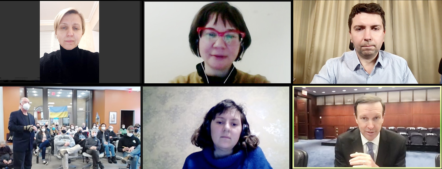 During the third Ukraine-Russia Crisis Livestream Conversation series event on March 11, Senator Chris Murphy, pictured at bottom right, shared the news that the United States will be sending $14 billion in funding to Ukraine. Other participants included, from top left, Svitlana Andrushchenko, Larissa Babij, Oleksandr Sanzhara, Barry Chernoff (host at Wesleyan), and Vira Protskykh.