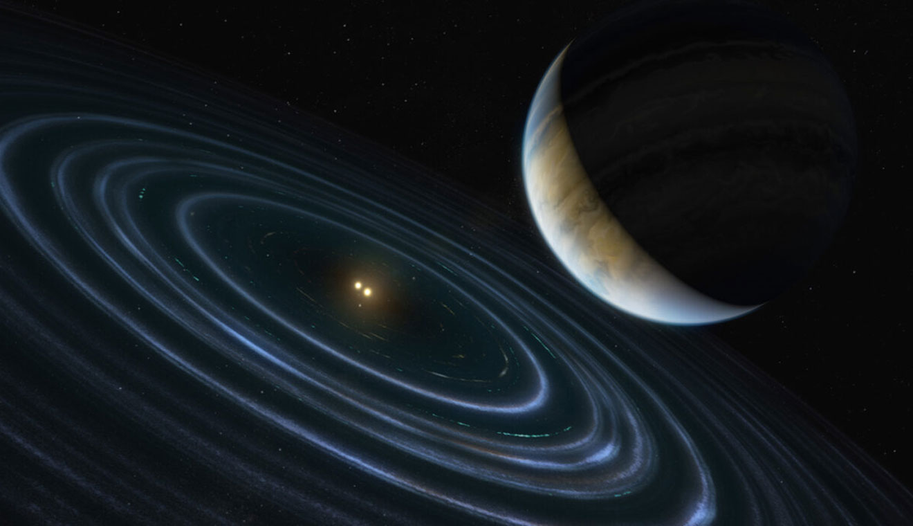 Anna Fehr ’23 is studying the exoplanet HD106906b, which occupies an unlikely orbit around a double star 337 light-years away. According to NASA, this is the first time that astronomers have been able to measure the motion of a massive Jupiter-like planet that is orbiting far away from its host stars and visible debris disc. (Illustration courtesy of M. Kornmesser, ESA/Hubble)