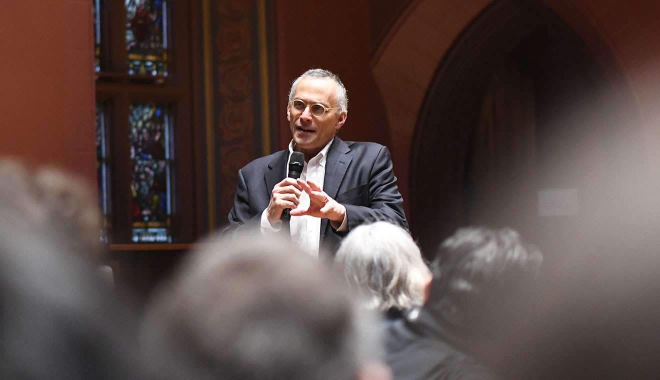 Wesleyan President Michael Roth ’78 spoke to a full house of admitted students and their families in Memorial Chapel.