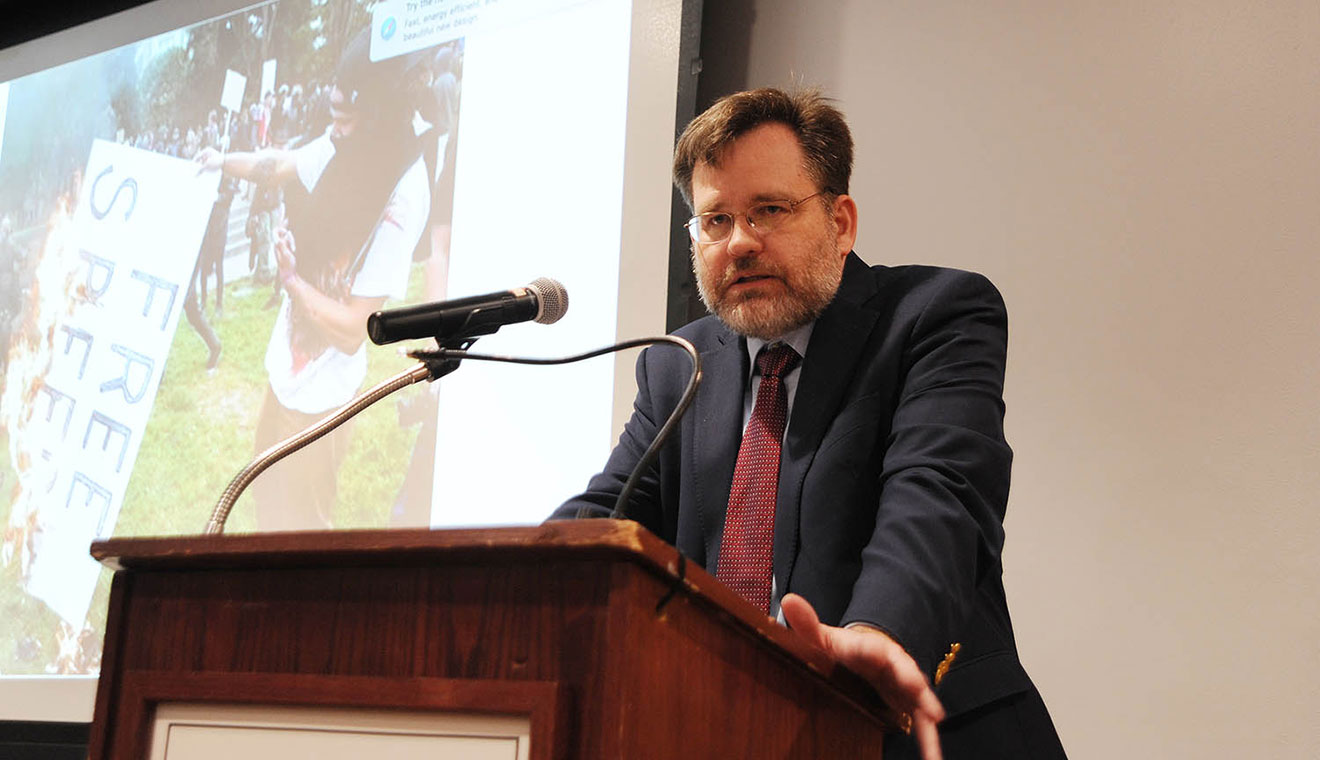 Keith Whittington, William Nelson Cromwell Professor of Politics at Princeton University and Academic Chair of the Academic Freedom Alliance spoke on “Freedom of Thought and the Struggle to End Slavery” during Wesleyan’s annual Hugo L. Black Lecture. (Photos by WIllow Saxon ’24)