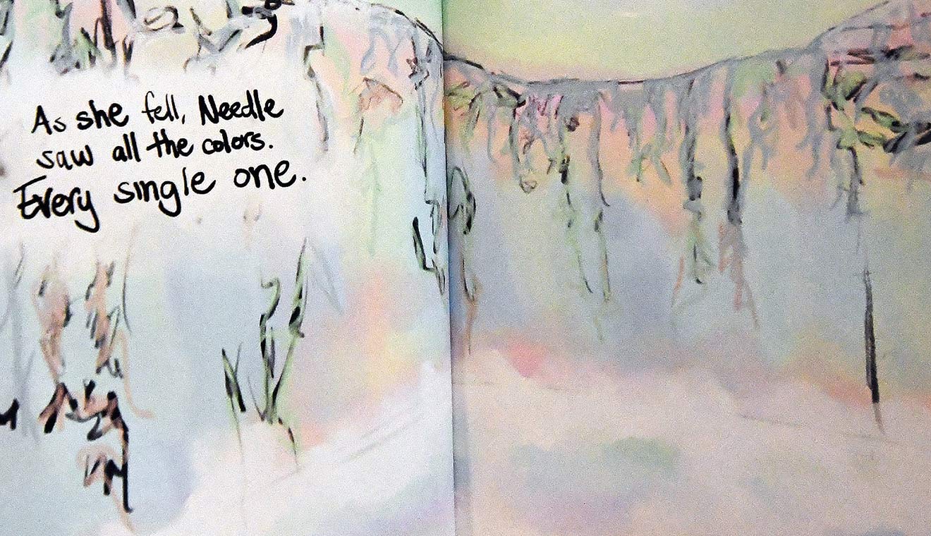 Lee, who “loves waterfalls,” created this page in the book. “Exploding with colors and scribbles outside the lines, join me in following Needle on her adventure,” Lee wrote in her artist’s statement. “Understand yourself in her world of colors, and set sail on her ship.”