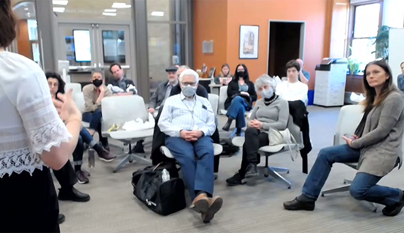 Julia Kulchytska ‘24, at left, speaks to a live and virtual audience about the War in Ukraine during the sixth Livestream Conversation with Ukraine series.