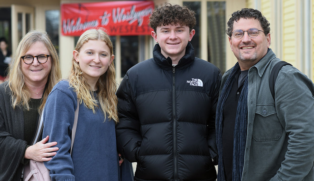 Noah Haas ’26, third from left, attended WesFest with his parents, Stacey Bernstein-Haas P’26 and Matthew Haas P’26, and his sister, Amelia Hass.