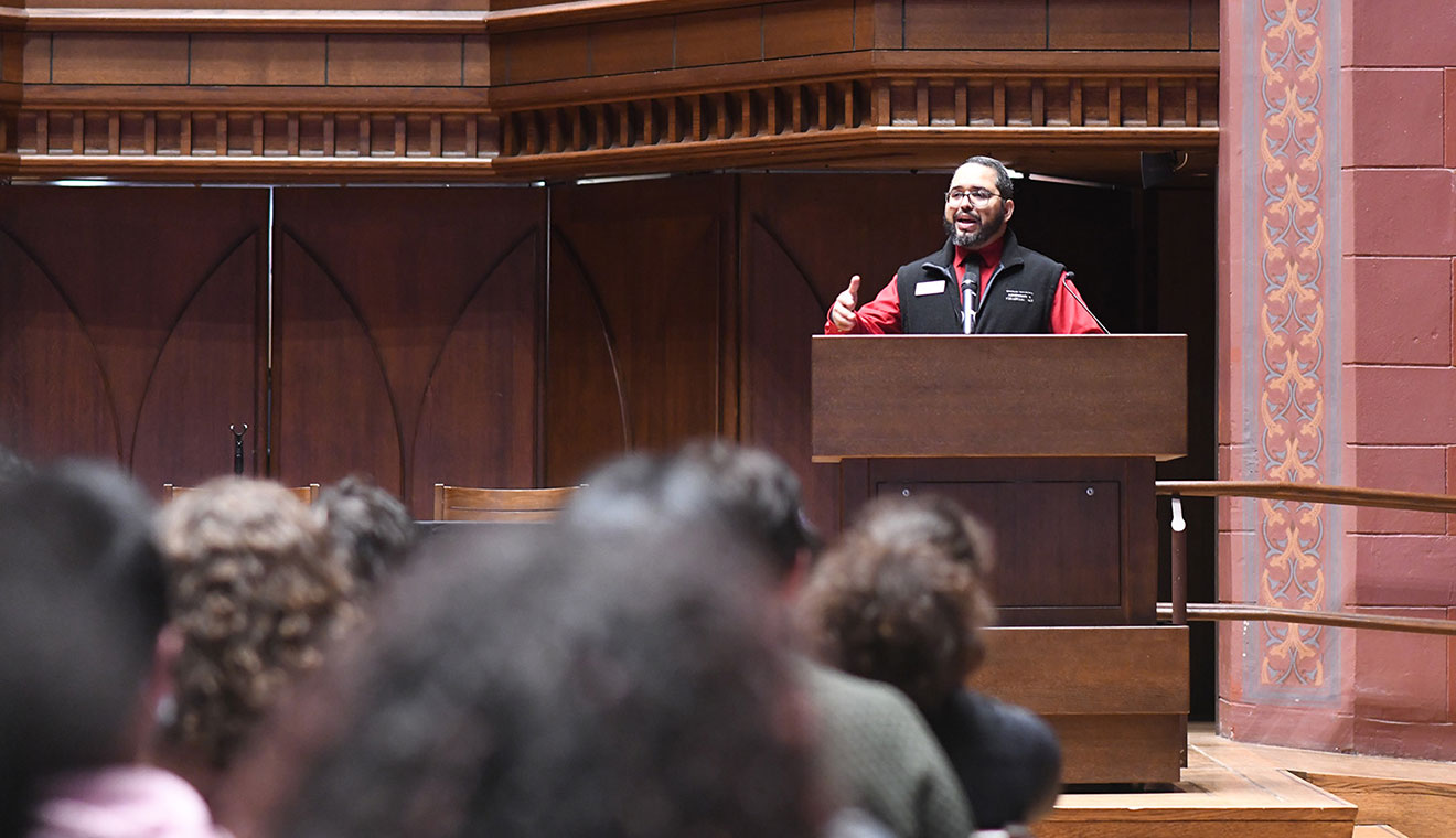 Amin Abdul-Malik Gonzalez ’96 spoke to the 2026 admitted students and their families. As a former Wesleyan student, he said, “No single voice is going to encapsulate all that makes this place special.”