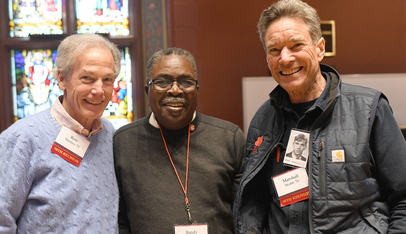 Ross Mullins ’70, Randy Miller ’70, and Marshall Webb ’70 mingled during the celebration of their 50th reunion on April 29.