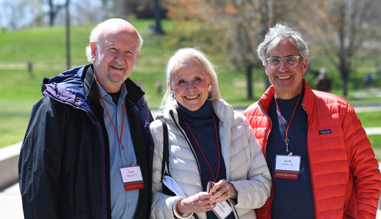 Gene Borgida ’71, Carole Dickert-Scherr, and Jacob Scherr ’70 gather outside following an event in Beckham Hall. Scherr also delivered a talk about the ongoing climate crisis during the reunion.