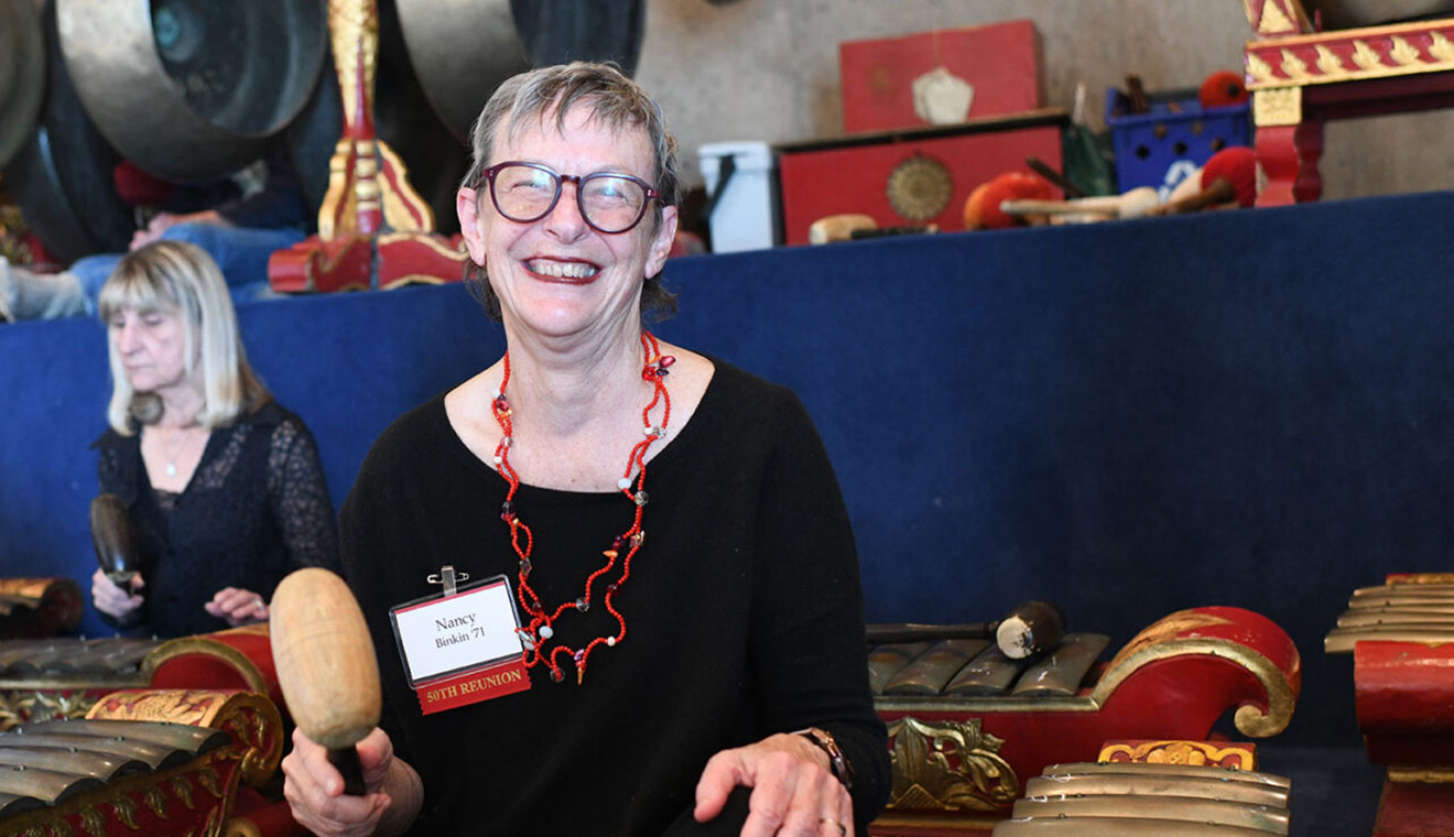 Nancy Birkin ’71 participated in a Javanese Gamelan workshop during reunion festivities.