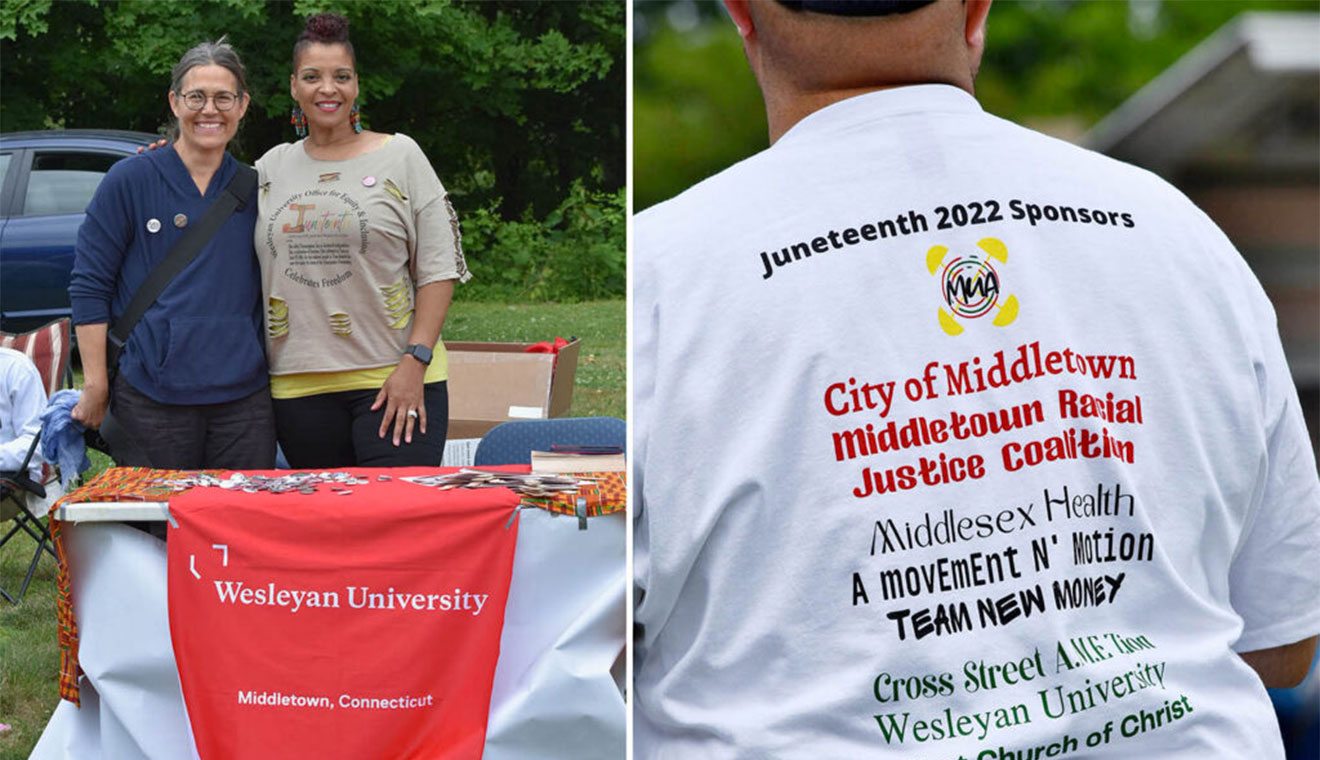 Rani Arbo, campus and community engagement manager for the Center for the Arts, and Evelyn Bozeman staff a booth at the Juneteenth Liberation. Wesleyan was a co-sponsor of the event. Wesleyan staff handed out buttons at the event.