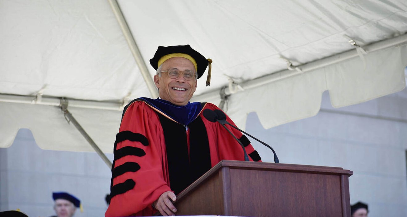 Wesleyan President Michael Roth ’78 made remarks during the Commencement program. (Photo by Tom Dzimian)