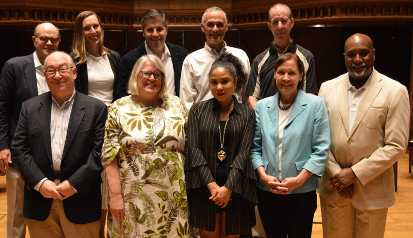 Pictured, front row, from left: Seth A. Davis ’72, P’24; Susan Webster ’77, P’18; Angela Mae Yee ’97; Sarah Chapin Columbia ’82; and Alumni Association Chair David Hill ’86. Pictured, back row, from left: Peter J. Hicks ’72; Maggie McLean Suniewick ’97; Wesleyan President Michael Roth ’78; and Ron A. Bloom ’77.