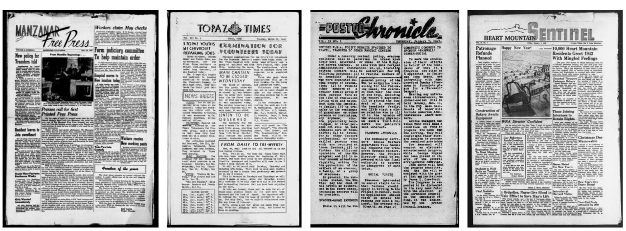 The Library of Congress offers a collection of more than 4,600 English and Japanese language newspaper issues published in 13 camps. From left: Manzanar Free Press, July 22, 1942; Topaz Times, March 30, 1943; Poston Chronicle, Jan. 7, 1943; and Heart Mountain Sentinel, Jan. 1, 1943.