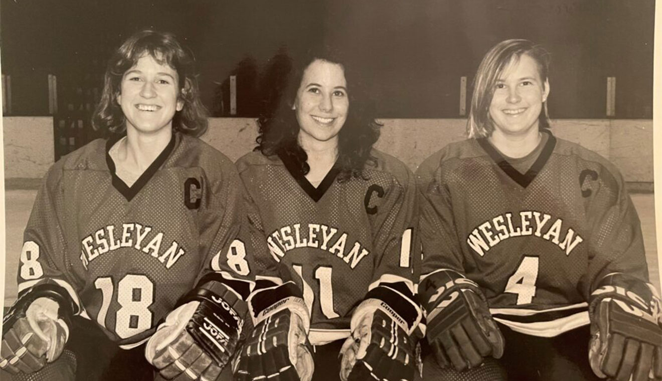 Wesleyan women’s ice hockey captains (1989-90): Jennifer Heppel ’90, Lisa Shactman ’90, and Lisa Beran ’90.