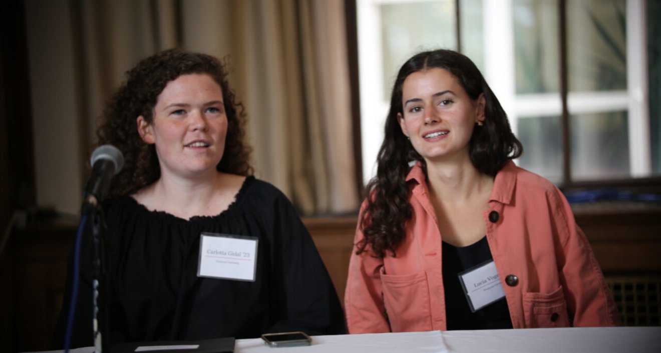 Carlotta Gidal ’23, left, and Lucia Voges ’24 came away with surprising discoveries by studying Connecticut River Valley gunmakers’ centuries-old records. Photo by Kseniia Guliaeva.