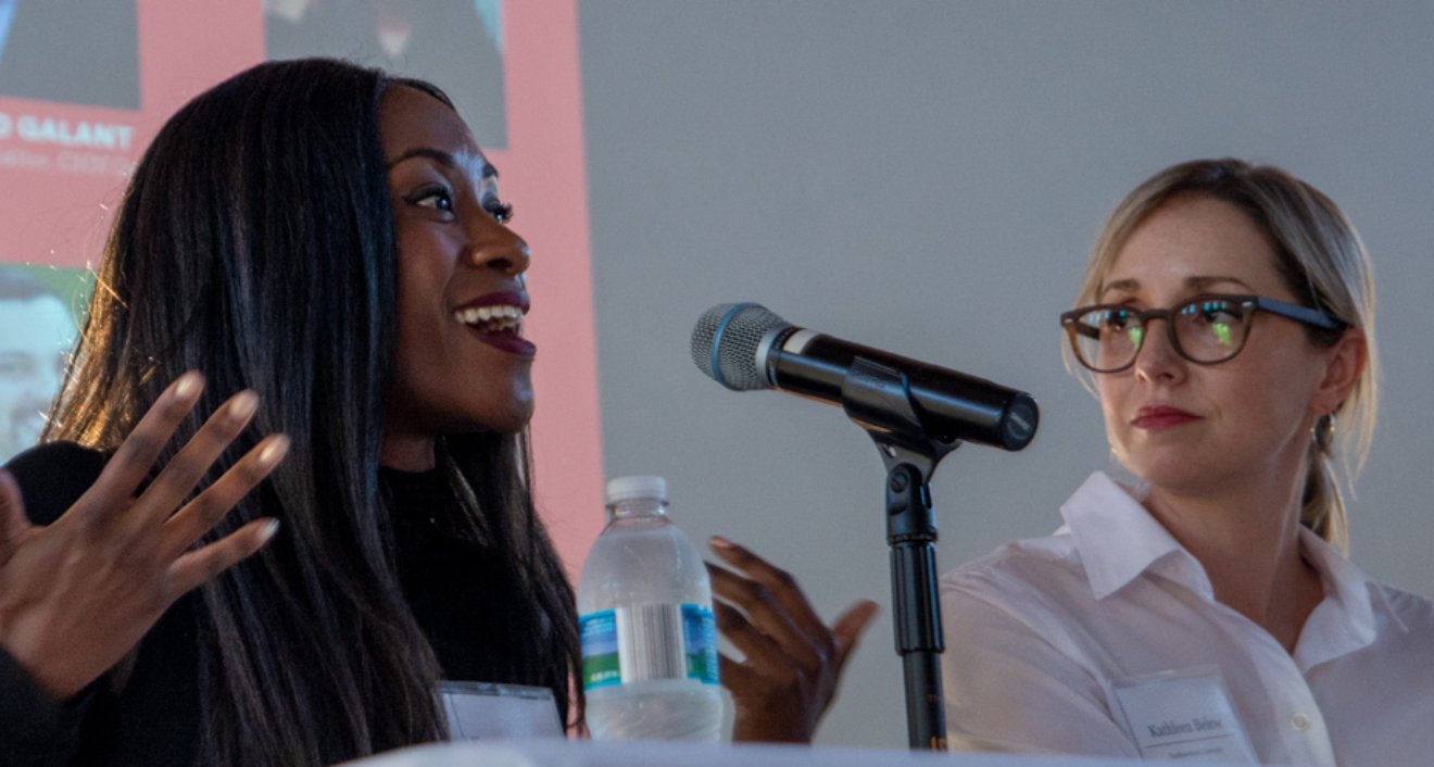 In the conference’s headline event, Washington Post columnist Karen Attiah, left, recalled a visit to a Texas gun show that prompted her to explore links between firearms and maternal mortality, while Northwestern University history professor Kathleen Belew spoke about how guns have factored into America’s white power movement. Photo by Amy Albert.
