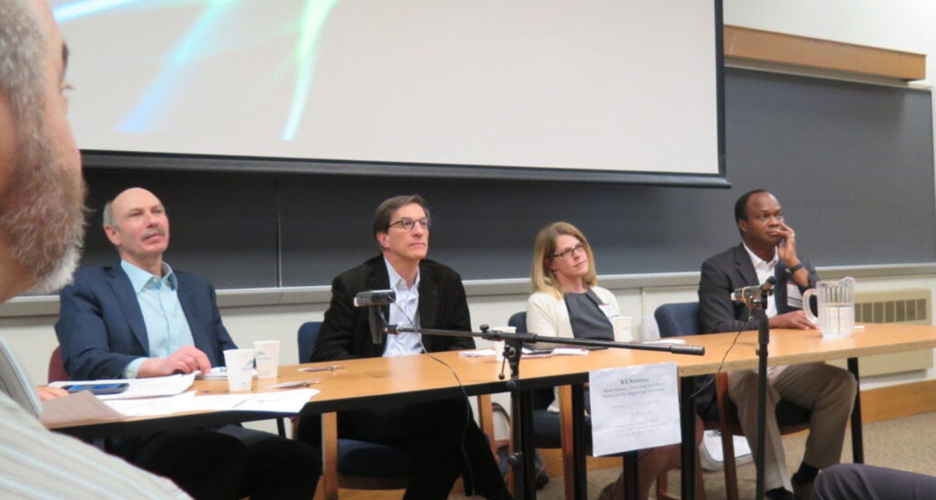 Miller ’76, Ethan Bronner ’76, Erika Franklin Fowler of the Wesleyan Media Project, and Rob King ’84 of ESPN appeared on a panel dedicated to news literacy, moderated by Alberto Ibargüen ’66, at Wesleyan in 2016. (Photo by Katherine Newell Smith)