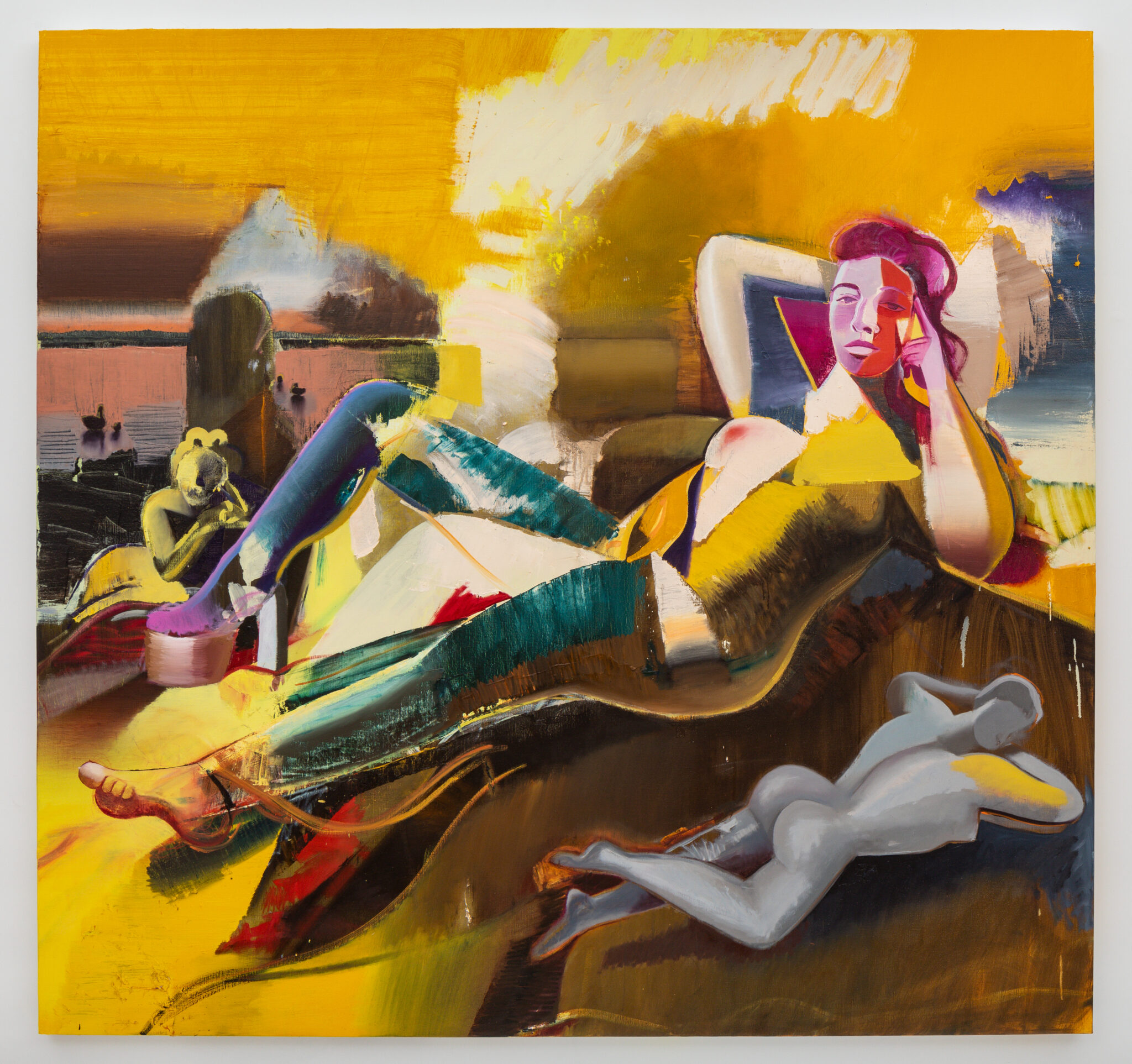 Katherina Olschbaur, Large Reclining Nude (Selbstporträt mit Bodenseeschwänen), 2022, oilonlinen,823/4×783/4x2inches,210.2x200x5.1 cm. Courtesy of the artist and Kasmin, New York.
