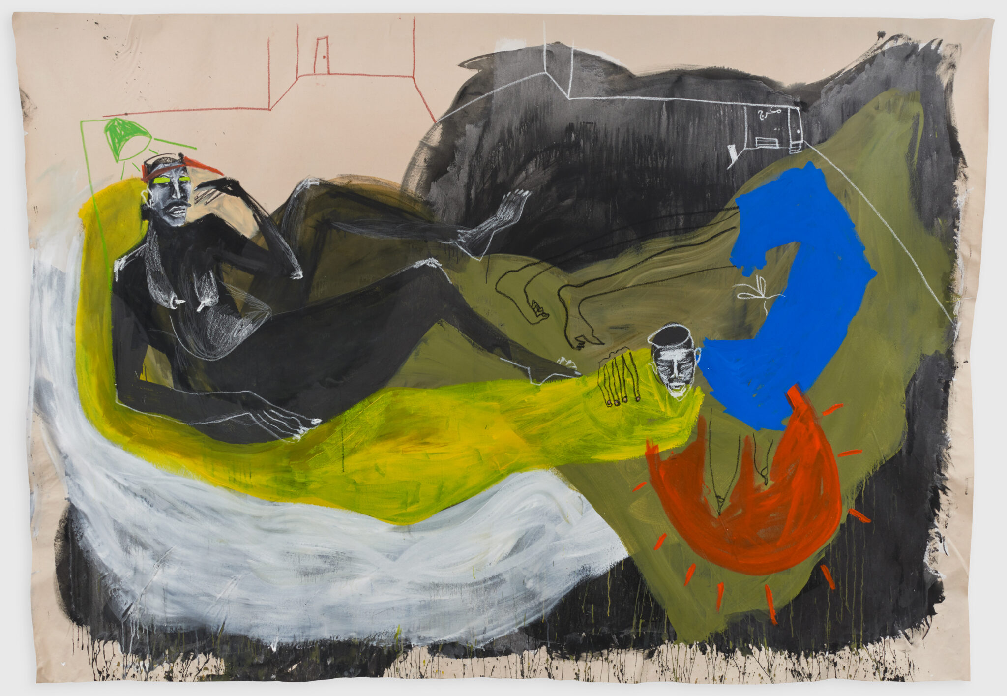 Shadi Al-Atallah, all the different types of meetings, 2020, mixed media on unstretched canvas 88 5/8 x 126 inches, 225 x 320 cm. Courtesy of the artist and Kasmin, New York.