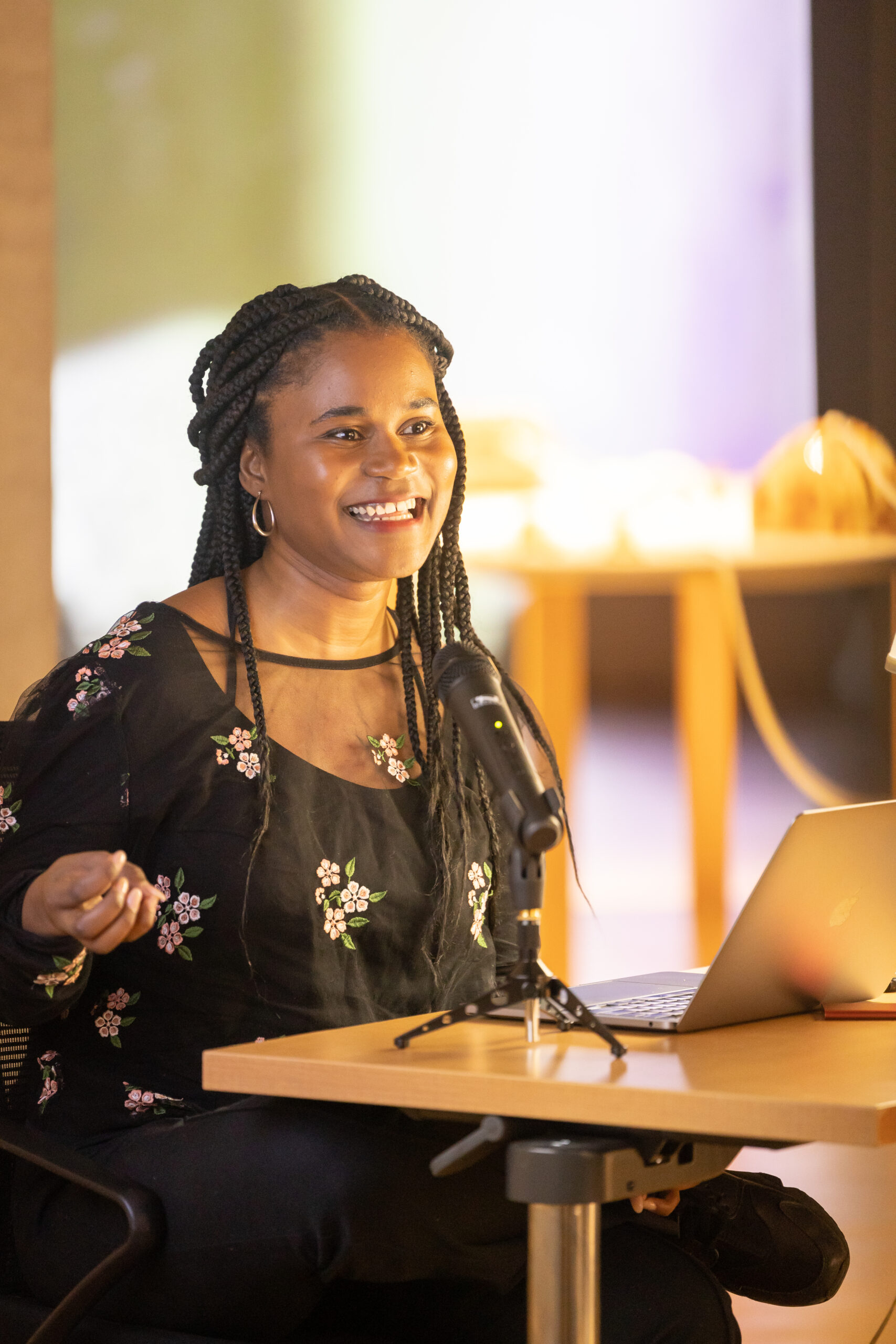 Assistant Professor of Art and Luther Gregg Sullivan Fellow in Art Ilana Harris-Babou gives an artist talk about her exhibition “Liquid Gold.” Photo by Sandy Aldieri of Perceptions Photography. Image courtesy of Wesleyan University’s Center for the Arts.