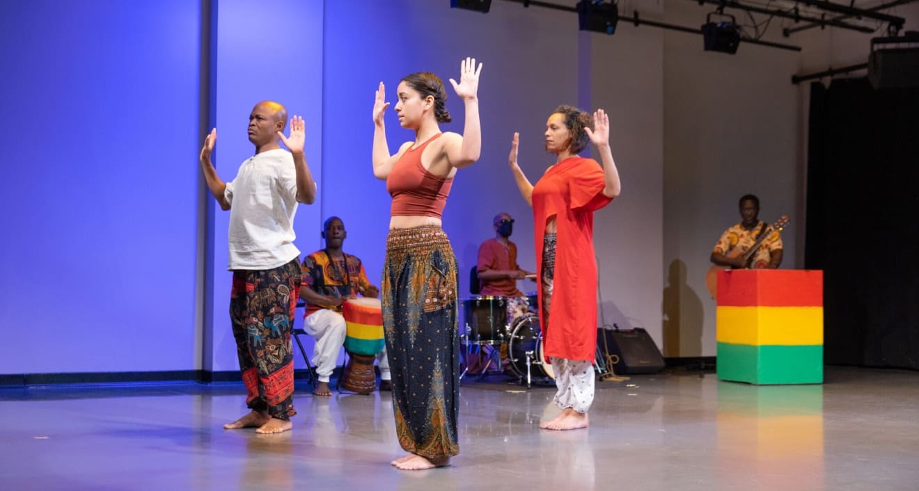 Rehearsal for “Red Line,” a collaborative multifaceted dance performance conceived and directed by Assistant Professor of Dance Iddi Saaka as part of his fellowship with Wesleyan University’s Embodying Antiracism Initiative. From left to right: Iddi Saaka, Issa Coulibaly, Center for Prison Education Fellow Shirley Sullivan ’21, Venlo Odom, Alycia Bright-Holland, and Kwamena Blankson. Image taken on February 18, 2023 in the Cross Street Dance Studio by Sandy Aldieri of Perceptions Photography.