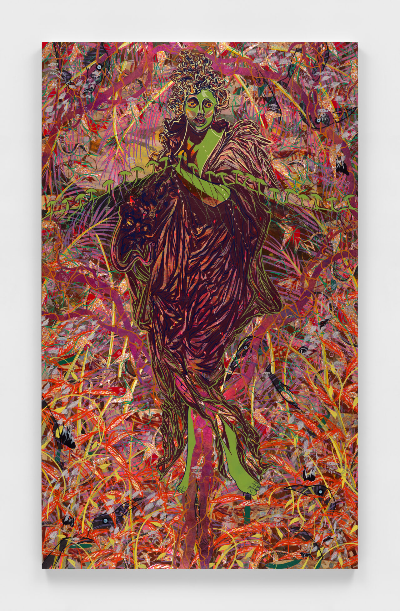 Tammy Nguyen, Demeter, the Goddess of Harvest, 2023 Watercolor, vinyl paint, pastel, and metal leaf on paper stretched over panel 100 x 60 x 2 inches / 254 x 152.4 x 5.1 cm © Tammy Nguyen. Courtesy the artist and Lehmann Maupin, New York, Hong Kong, Seoul, and London. Photo by Dan Bradica.