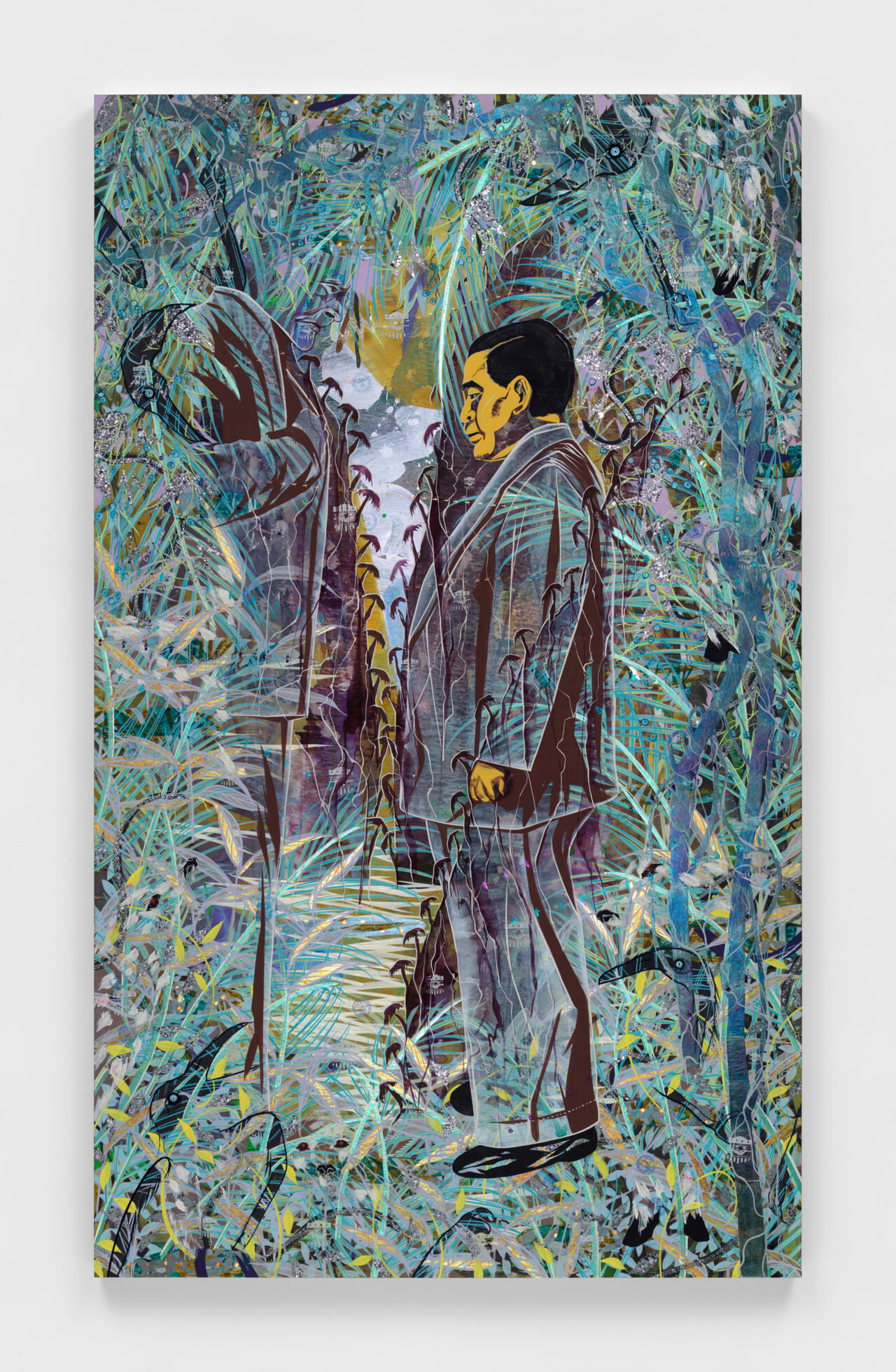 Tammy Nguyen, Ngô Dình Diêm, 2023 Watercolor, vinyl paint, pastel, and metal leaf on paper stretched over panel 100 x 60 x 2 inches / 254 x 152.4 x 5.1 cm © Tammy Nguyen. Courtesy the artist and Lehmann Maupin, New York, Hong Kong, Seoul, and London. Photo by Dan Bradica.