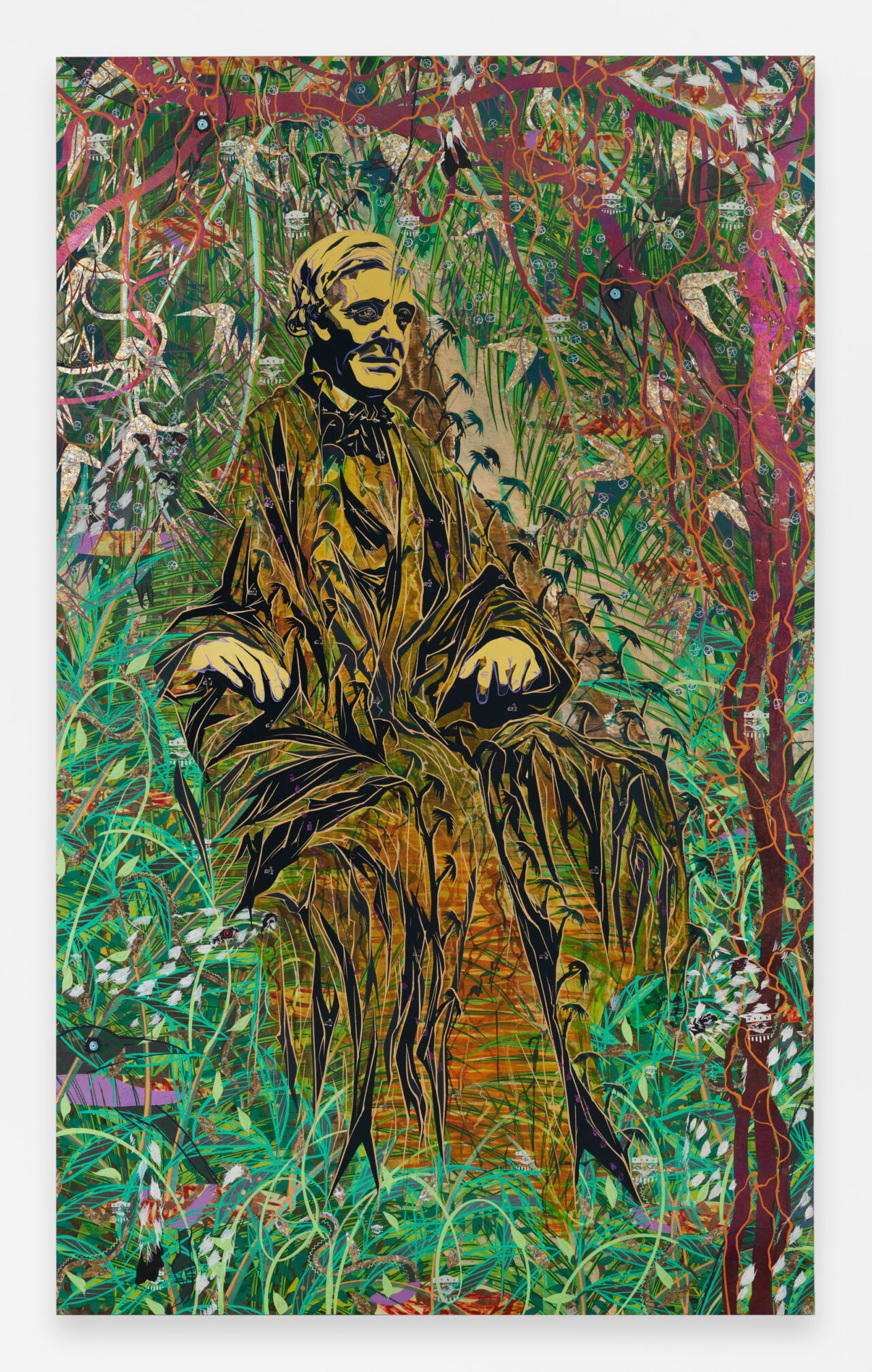 Tammy Nguyen, Ralph Waldo Emerson, 2023 Watercolor, vinyl paint, pastel, and metal leaf on paper stretched over panel 100 x 60 x 2 inches / 254 x 152.4 x 5.1 cm © Tammy Nguyen. Courtesy the artist and Lehmann Maupin, New York, Hong Kong, Seoul, and London. Photo by Izzy Leung.