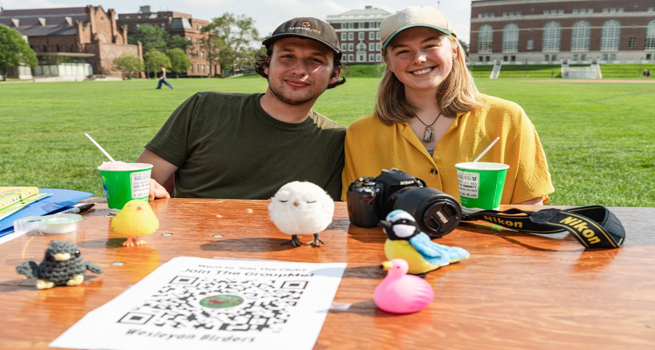 Kai Tripician ’24 (left) and Nicole Steigerwald ’24 (right) of the Wesleyan Birders Club. (Meka Wilson)