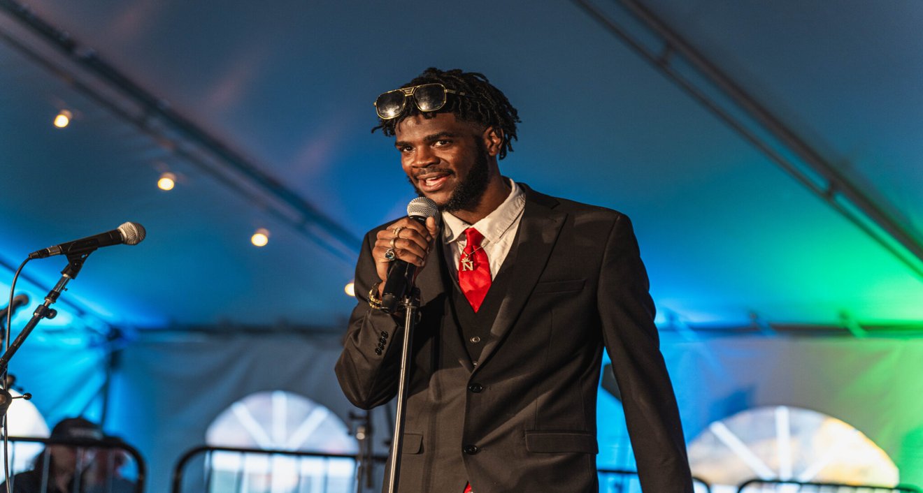 Neo Fleurimond ’24 speaking at Wesleyan’s fundraising initiative announcement. (Meka Wilson)