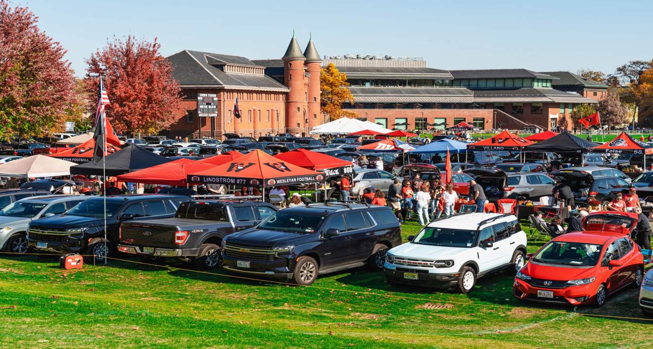 Cars lined up on Andrus Field for the Homecoming tailgate. (Meka Wilson)