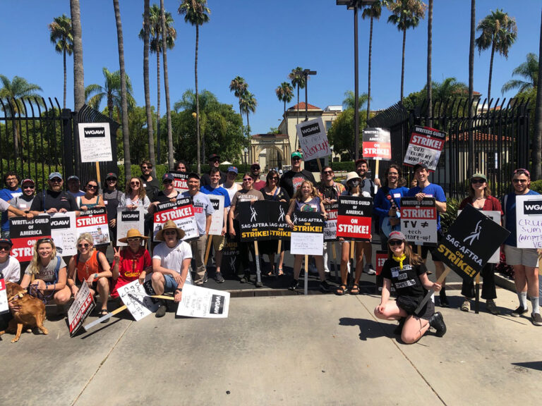 Wesleyan alumni striking for WGA and SAG-AFTRA united for a joint picket in Los Angeles this past August. Photo courtesy Sarah Burkett ’14.