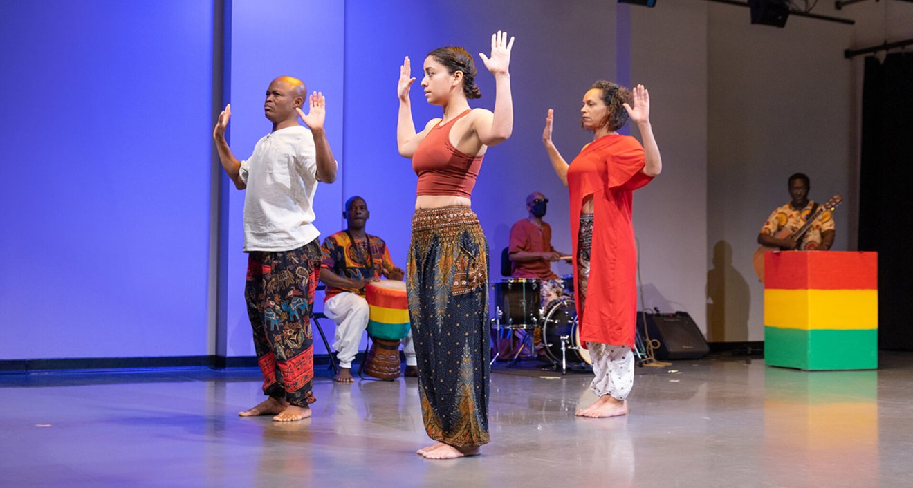 Rehearsal for “Red Line,” a collaborative multifaceted dance performance conceived and directed by Assistant Professor of Dance Iddi Saaka as part of his fellowship with Wesleyan University’s Embodying Antiracism Initiative. From left to right: Iddi Saaka, Issa Coulibaly, Center for Prison Education Fellow Shirley Sullivan ’21, Venlo Odom, Alycia Bright-Holland, and Kwamena Blankson. Image taken on February 18, 2023 in the Cross Street Dance Studio by Sandy Aldieri of Perceptions Photography.